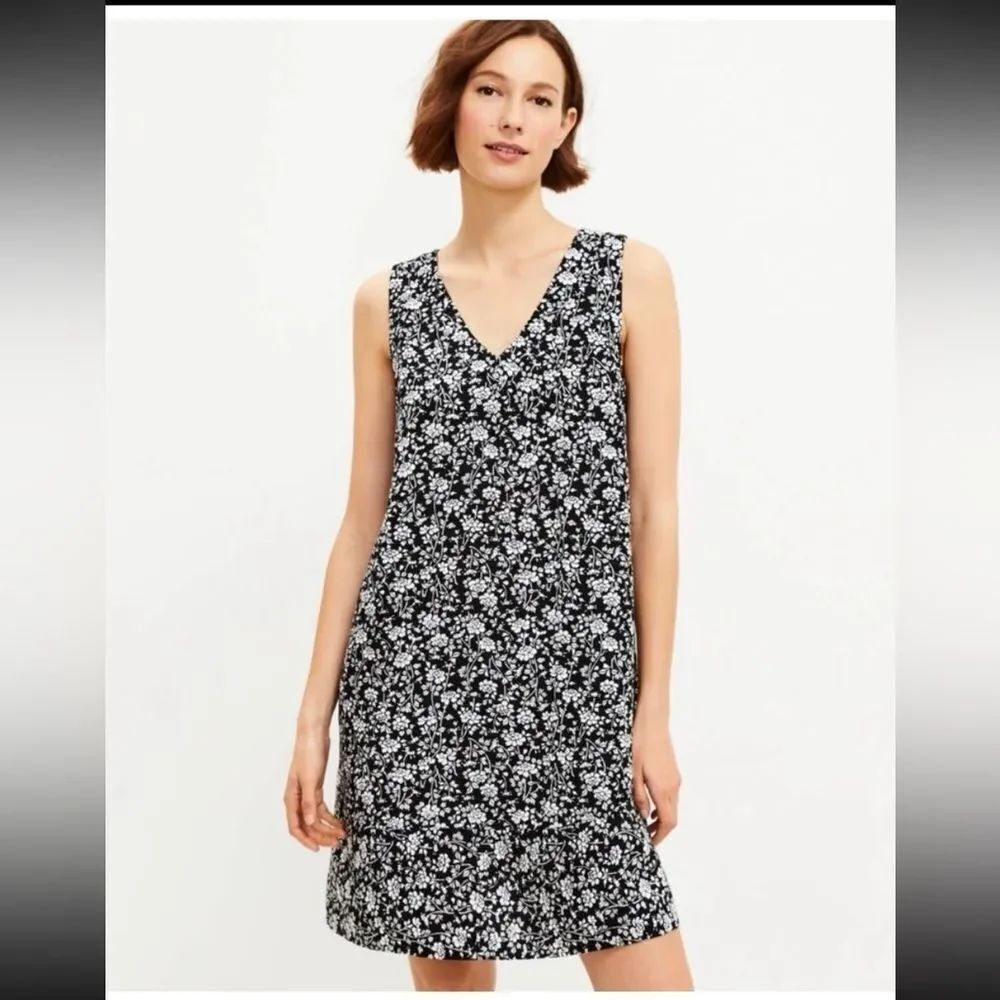 LOFT Black Floral Double V Flounce Linen Blend Shift Dress